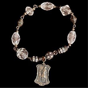Saint Hubert Bracelet bronze medal Vintage Acrylic beads catholic religious